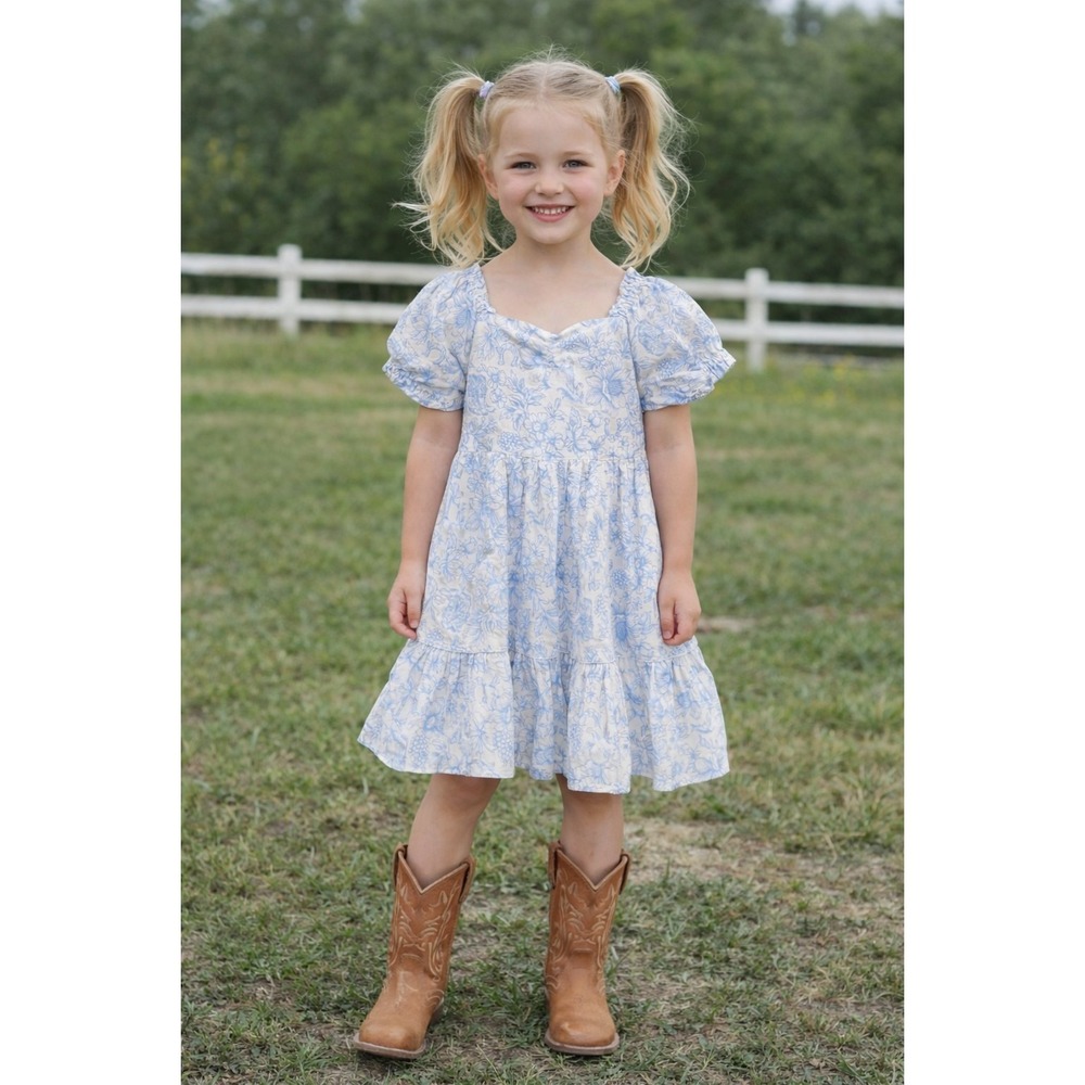 Happily Grey Blue Floral Cottagecore Western Rodeo floral horse boho dress SZ 7